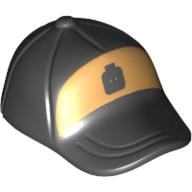 Chapeau / casquette court bec incurvé avec coutures sur le sommet et bouton sur le dessus avec tête de figurine noire sur motif imprimé argent métallique (Hat / Cap Short Curved Bill with Seams on Peak and Button on Top with Black Minifig Head on Metallic Silver Print)