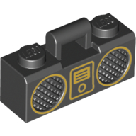 Visuel indicatif Rebrickable de Équipement radio / boom box avec poignée et garniture dorée et motif imprimé lecteur de musique numérique (Equipment Radio / Boom Box with Handle and Gold Trim and Digital Music Player Print)