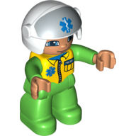 Visuel indicatif Rebrickable de Figurine Duplo avec casque avec visière ouverte, casque blanc avec logo EMT Star of Life, jambes vert vif et combinaison avec gilet jaune (Duplo Figure with Helmet with Open Visor, White Helmet with EMT Star of Life Logo, Bright Green Legs & Jumpsuit with Yellow Vest)