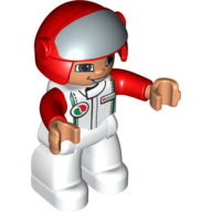 Visuel indicatif Rebrickable de Figurine Duplo avec casque avec visière ouverte, casque rouge, jambes blanches et haut de course avec logo Octan et bras rouges (Duplo Figure with Helmet with Open Visor, Red Helmet, White Legs & Race Top with Octan Logo, and Red Arms)