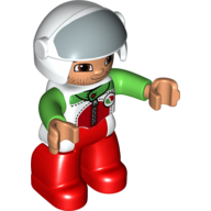 Visuel indicatif Rebrickable de Figurine Duplo avec casque avec visière ouverte, casque blanc, jambes rouges, haut de course avec logo Octan et bras vert vif (Duplo Figure with Helmet with Open Visor, White Helmet, Red Legs, Race Top with Octan Logo, and Bright Green Arms)