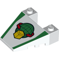 Visuel indicatif Rebrickable de Brique biseautée, inclinée 4 x 4 cône, avec encoches avec boîte à colis globe rond flèche motif imprimé (Brick Wedged, Sloped 4 x 4 Taper, with Stud Notches with Parcel Box Globe Round Arrow Print)