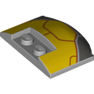 Visuel indicatif Rebrickable de Brique ronde 3 x 4 x 2/3 triple courbe avec 2 tenons enfoncés avec jaune. armure gris bleuté foncé, lignes rouges foncées motif imprimé (Brick Round 3 x 4 x 2/3 Triple Curved with 2 Sunk Studs with Yellow.Dark Bluish Grey Armour, Dark Red Lines Print)