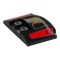 Visuel indicatif Rebrickable de Brique ronde 3 x 4 x 2/3 triple courbe avec 2 Coulé tenons avec Phares Rouges, motif imprimé Araignée d'Or (Brick Round 3 x 4 x 2/3 Triple Curved with 2 Sunk Studs with Red Headlights, Gold Spider Print)