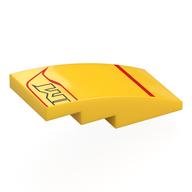 Visuel indicatif Rebrickable de Brique courbée 4 x 2 Non tenons avec lignes rouges, motif imprimé noir 'M' (Brick Curved 4 x 2 No Studs with Red Lines, Black 'M' Print)