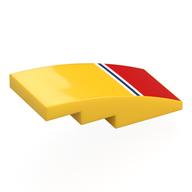 Visuel indicatif Rebrickable de Brique courbée 4 x 2 Non tenons avec lignes blanches/bleu foncé, motif imprimé rectangle rouge (Brick Curved 4 x 2 No Studs with White/Dark Blue Lines, Red Rectangle Print)