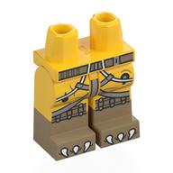Visuel indicatif Rebrickable de Bassin avec jambes jaunes et motif de bottes beige foncées avec sangles beige foncées, ceinture, tuyaux blancs, motif imprimé griffes (Hips with Yellow Legs and Dark Tan Boots Pattern with Dark Tan Straps, Belt, White Hoses, Claws Print)