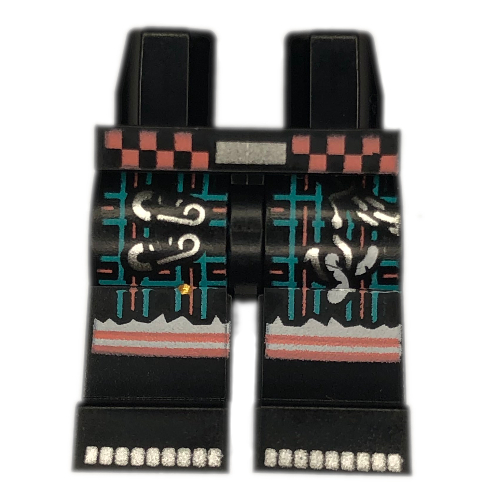 Bassin et jambes noires avec plaid turquoise/corail foncé, connecteurs de sécurité, motif : ceinture (Hips and Black Legs with Dark Turquoise/Coral Plaid, Safety Pins, Belt Print)