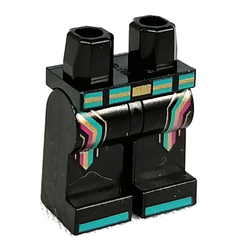 Bassin et jambes noires avec ceinture turquoise foncée, motif : rayures dorées et magenta (Hips and Black Legs with Dark Turquoise Belt, Gold/Magenta Stripes Print)
