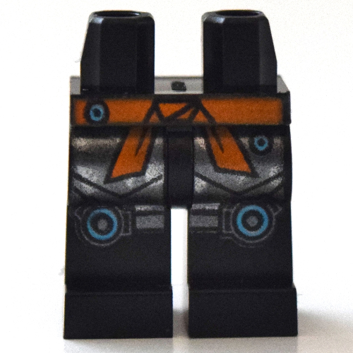 Bassin et jambes noires avec ceinture orange, genouillères argentées avec motif imprimé de cercles azur moyen (Hips and Black Legs with Orange Belt Sash, Silver Knee Straps with Medium Azure Circles Print)