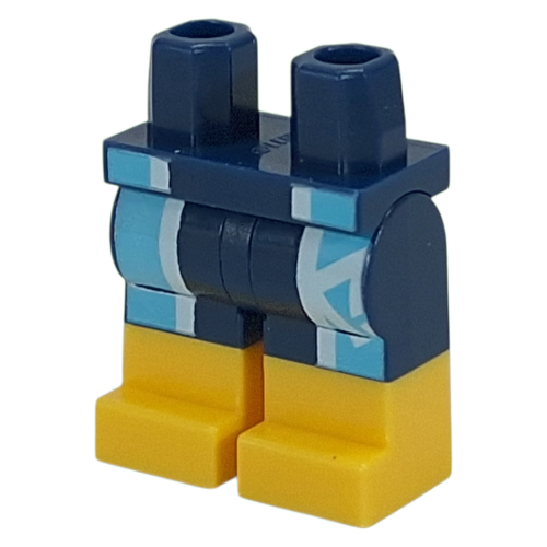 Visuel indicatif Rebrickable de Bassin avec des jambes bleu foncé et motif de bottes jaunes avec des troncs de combinaison humide, des bandes bleu clair vert d’eau / bleu clair imprimé (Hips with Dark Blue Legs and Yellow Boots Pattern with Wet Suit Trunks, Light Aqua/Bright Light Blue Bands Print)