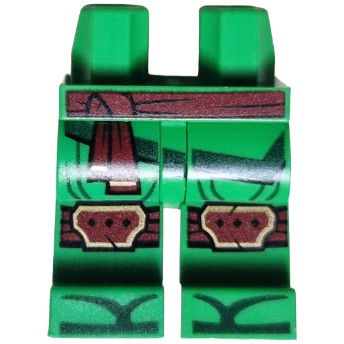 Bassin et jambes vert vif avec ceinture rouge foncé, genouillères, extrémités de robe, motif imprimé bord vert foncé (Hips and Bright Green Legs with Dark Red Sash, Knee Pads, Robe Ends, Dark Green Trim Print)