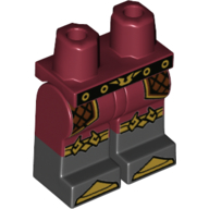 Visuel indicatif Rebrickable de Jambes rouge foncé et motif Bottes noires avec ceinture dorée et noire, sangles au genou dorées et motif imprimé orteils dorés (Hips with Dark Red Legs and Black Boots Pattern with Gold and Black Belt, Gold Knee Straps, and Gold Toes Print)