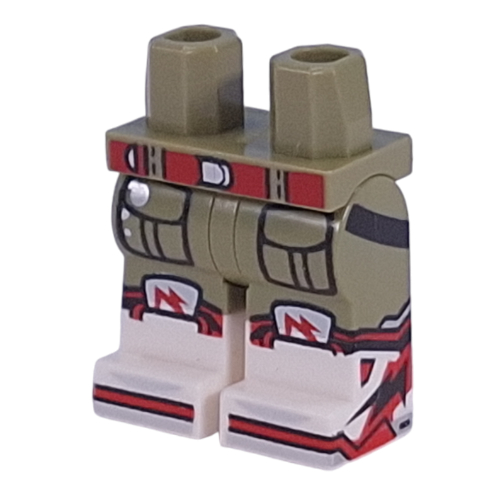 Visuel indicatif Rebrickable de Jambes vert olive et motif Bottes blanches avec ceinture rouge, poches, Basket avec motif imprimé Lacets rouges (Hips with Olive Green Legs and White Boots Pattern with Red Belt, Pockets, Sneaker with Red Laces Print)