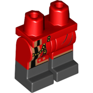 Visuel indicatif Rebrickable de Bassin avec jambes rouges et motif de bottes noires avec garniture noire et or, motif imprimé pompon doré (Hips with Red Legs and Black Boots Pattern with Black and Gold Trim, Gold Tassel Print)