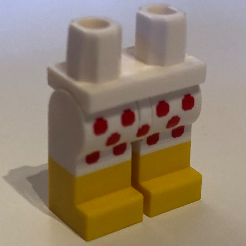 Visuel indicatif Rebrickable de Bassin avec des jambes blanches et motif de bottes jaunes avec des points rouges motif imprimé (Hips with White Legs and Yellow Boots Pattern with Red Dots Print)