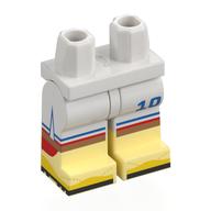 Visuel indicatif Rebrickable de Bassin avec jambes blanches et motif de bottes jaune clair lumineux avec court de football, garniture bleue / rouge, genoux nougat moyen, motif imprimé à semelles noires (Hips with White Legs and Bright Light Yellow Boots Pattern with Football Shorts, Blue/Red Trim, Medium Nougat Knees, Black Soles Print)