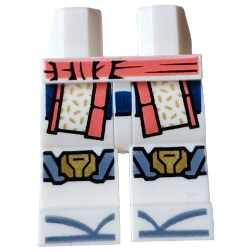 Bassin et jambes blanches avec ceinture de corail, robe extrémités, motif : genouillères dorées et bleu sable (Hips and White Legs with Coral Sash, Robe Ends, Gold/Sand Blue Knee Pads Print)