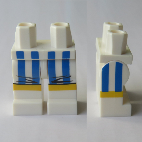 Bassin et jambes blanches avec des malles de boxe bleues et blanches avec un motif imprimé de passepoil doré (Hips and White Legs with Blue and White Boxing Trunks with Gold Piping Print)