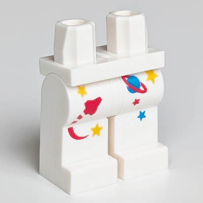 Visuel indicatif Rebrickable de Bassin et jambes blanches avec motif imprimé étoiles et espace jaune, rouge et bleu (Hips and White Legs with Yellow, Red and Blue Stars and Space Logo Print)