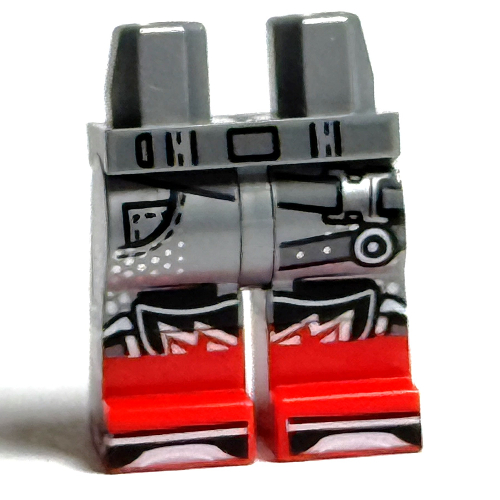 Visuel indicatif Rebrickable de Bassin avec jambes plates argentées et motif de bottes rouges avec ceinture gris bleuâtre foncé, sangles, languettes de chaussures noires (Hips with Flat Silver Legs and Red Boots Pattern with Dark Bluish Grey belt, Straps, Black Shoe Tongues Print)