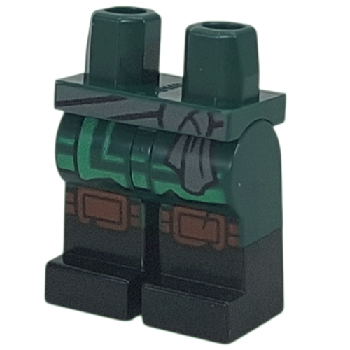 Visuel indicatif Rebrickable de Bassin avec des jambes vert foncé et motif de bottes noires avec des extrémités de robe verte, ceinture gris bleuâtre foncé, sangles de genou brun rougeâtre imprimé (Hips with Dark Green Legs and Black Boots Pattern with Green Robe Ends, Dark Bluish Grey Sash, Reddish Brown Knee Straps Print)