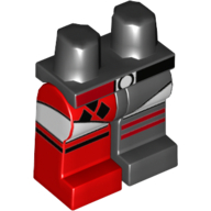 Visuel indicatif Rebrickable de Bassin et jambe gauche noire, jambe droite rouge avec panneaux blancs, motif imprimé diamants noirs (Hips and Black Left Leg, Red Right Leg with White Panels, Black Diamonds Print)