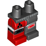 Visuel indicatif Rebrickable de Jambe gauche noire, Jambe droite rouge avec short noir et genouillère rouge sur la gauche, 3 diamants noirs sur le short et genouillère noire sur le motif imprimé à droite (Hips and Black Left Leg, Red Right Leg with Black Shorts and Red Knee Pad on Left, 3 Black Diamonds on Shorts and Black Knee Pad on Right Print)