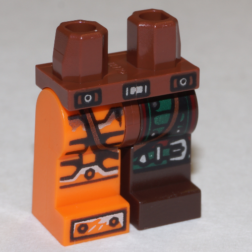 Visuel indicatif Rebrickable de Jambe gauche marron foncé, Jambe droite orange avec armure verte, Ceinture au genou, Plaques d'armure boulonnées noires et argentées (Hips and Dark Brown Left Leg, Orange Right Leg with Green Armor, Knee Belt, Black and Silver Bolted Armor Plates Print)