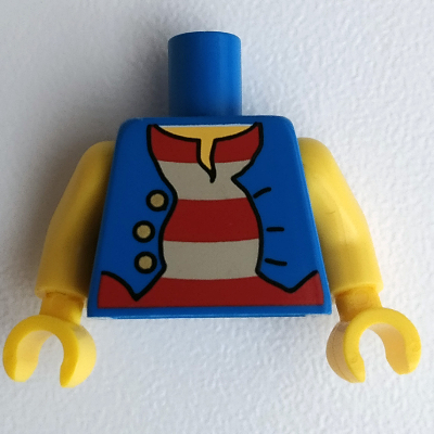 Visuel indicatif Rebrickable de Torse, gilet, rouge et blanc rayé sous-vêtement motif imprimé, bras et mains jaunes (Torso, Vest, Red and White Striped Undershirt Print, Yellow Arms and Hands)