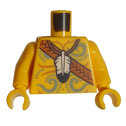 Torse, poitrine nue, décorations bleu sable, ceinture orange, plume blanche, motif imprimé pochette, bras et mains jaunes (Torso, Bare Chest, Sand Blue Decorations, Orange Belt, White Feather, Pouch Print, Yellow Arms and Hands)