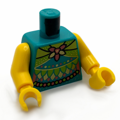 Visuel indicatif Rebrickable de Torse, gilet haut avec des sangles de vert citron, arc de corail, conduit, feuilles motif imprimé, bras et mains jaunes (Torso, Vest Top with Lime Straps, Coral Bow, Leads, Leaves Print, Yellow Arms and Hands)