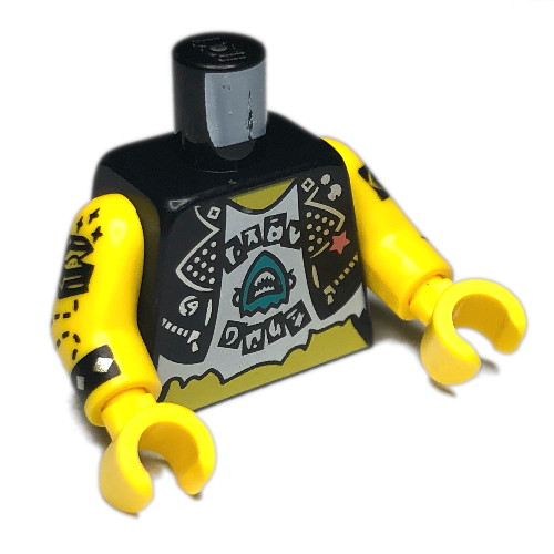 Torse, veste gilet, ouvert sur chemise blanche avec requin turquoise foncé, motif imprimé tatouages, bras et mains jaunes (Torso, Vest Jacket, Open over White Shirt with Dark Turquoise Shark, Tattoos Print, Yellow Arms and Hands)