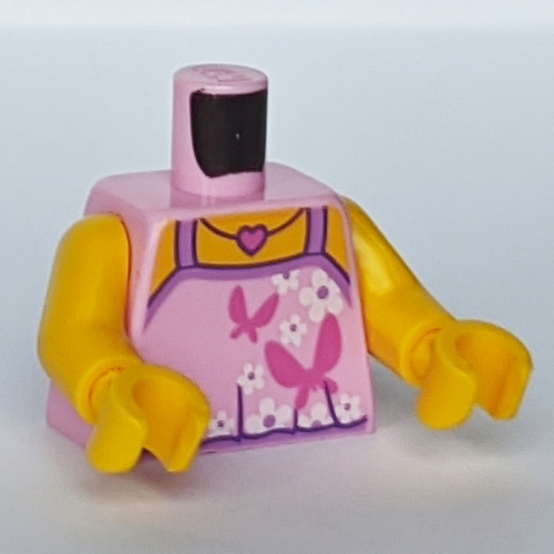 Visuel indicatif Rebrickable de Torse, licol haut avec des fleurs blanches et papillons magenta, et magenta cœur collier motif imprimé, pas de motif imprimé dos, bras et mains jaunes (Torso, Halter Top with White Flowers and Magenta Butterflies, and Magenta Heart Necklace Print, No Back Print, Yellow Arms and Hands)