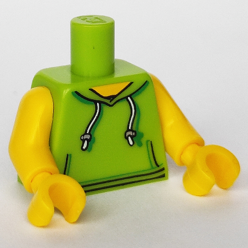 Visuel indicatif Rebrickable de Torse, sweat à capuche avec cordons de serrage blancs, et poches avant motif imprimé, pas de motif imprimé au dos, bras et mains jaunes (Torso, Hoodie with White Drawstrings, and Front Pockets Print, No Back Print, Yellow Arms and Hands)
