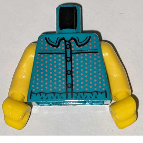 Visuel indicatif Rebrickable de Torse, haut de gilet, pois roses, garniture noire, boutons, poches motif imprimé, bras et mains jaunes (Torso, Vest Top, Pink Dots, Black Trim, Buttons, Pockets Print, Yellow Arms and Hands)