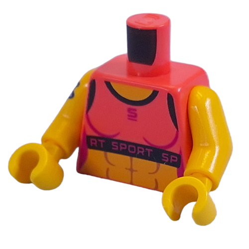 Torse, dessus de corail, magenta 'RT SPORT RT', tatouages de bras motif imprimé, bras et mains jaunes (Torso, Coral Top, Magenta 'RT SPORT RT', Arm Tattoos Print, Yellow Arms and Hands)