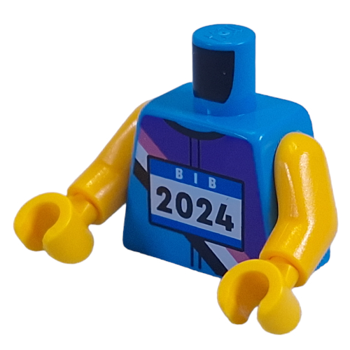 Torse, bavoir d'athlète, blanc 'BIB', noir '2024', violet foncé/lavande/blanc/veste noire motif imprimé, bras et mains jaunes (Torso, Athlete Bib, White 'BIB', Black '2024', Dark Purple/Lavender/White/Black Jacket Print, Yellow Arms and Hands)
