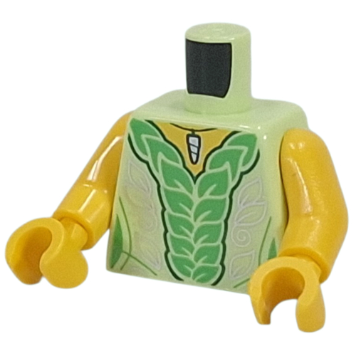 Torse, robe, feuilles vertes comme volants, décorations argentées, pendentif imprimé, bras et mains jaunes (Torso, Dress, Green Leaves as Ruffles, Silver Decorations, Pendant Print, Yellow Arms and Hands)