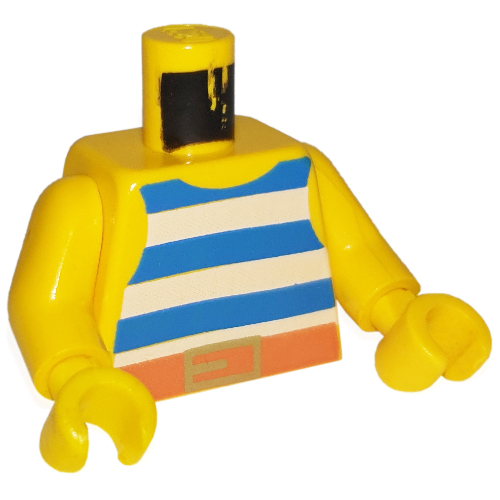 Torse, Gilet avec rayures bleues et blanches avec motif imprimé boucle de ceinture or, bras et mains jaunes (Torso, Vest with Blue and White Stripes with Gold Belt Buckle Print, Yellow Arms and Hands)