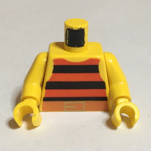 Torse, Gilet avec rayures rouges et noires avec motif imprimé Boucle de ceinture or, bras et mains jaunes (Torso, Vest with Red and Black Stripes with Gold Belt Buckle Print, Yellow Arms and Hands)