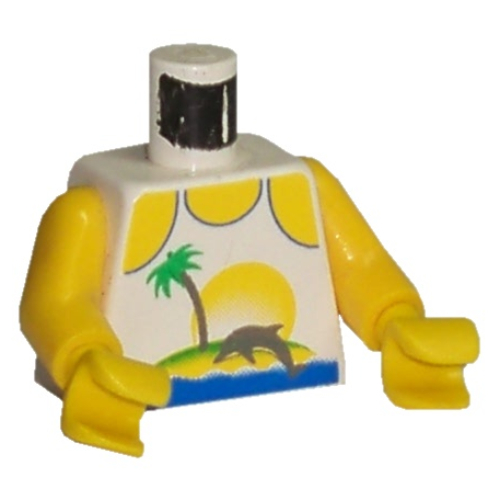 Torse, débardeur, palmier et dauphin motif imprimé, bras et mains jaunes (Torso, Tank Top, Palm Tree and Dolphin Print, Yellow Arms and Hands)