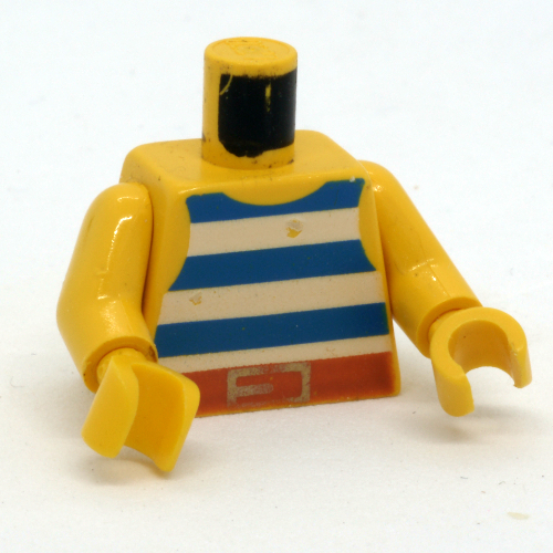 Torse, Gilet avec rayures bleues et blanches avec motif imprimé boucle ceinture noire, bras et mains jaunes (Torso, Vest with Blue and White Stripes with Black Belt Buckle Print, Yellow Arms and Hands)