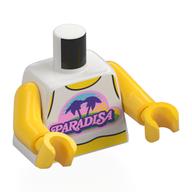 Torse, Chemise blanche, Motif imprimé rose 'PARADISA', bras et mains jaunes (Torso, White Shirt, Pink 'PARADISA' Print, Yellow Arms and Hands)