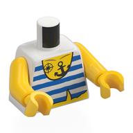 Torse, chemise à rayures blanches/bleues, poitrine jaune nue, ancre, motif imprimé de tatouage de rose des vents, bras et mains jaunes (Torso, White/Blue Stripes Shirt, Bare Yellow Chest, Anchor, Windrose Tattoo Print, Yellow Arms and Hands)