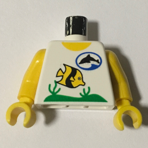 Torse, plongeurs dauphin logo et poisson motif imprimé, bras et mains jaunes (Torso, Divers Dolphin Logo and Fish Print, Yellow Arms and Hands)