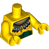 Visuel indicatif Rebrickable de Torse, poitrine nue avec muscles, ceinture verte et plume aztèque Collier motif imprimé, bras et mains jaunes (Torso, Bare Chest with Muscles, Green Sash and Aztec Feather Necklace Print, Yellow Arms and Hands)