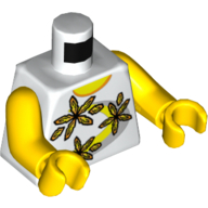 Torse, chemise 3 fleurs sur bande jaune et argent / '2011 The LEGO Store Pleasanton, CA' sur le dos motif imprimé, bras et mains jaunes (Torso, Shirt 3 Flowers over Yellow and Silver Stripe / '2011 The LEGO Store Pleasanton, CA' on Back Print, Yellow Arms and Hands)
