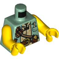 Torse, gilet avec patchs, ceinture brune, ceinture avec barils, oie et oeuf d'or dans le motif imprimé poches, bras et mains jaunes (Torso, Vest with Patches, Brown Belt, Sash with Barrels, Goose and Golden Egg in Pockets Print, Yellow Arms and Hands)