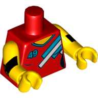 Torse, col en V avec 3 rayures bleues et blanches et motif imprimé bleu '49', bras et mains jaunes (Torso, V-Neck with 3 Blue and White Stripes and Blue '49' Print, Yellow Arms and Hands)